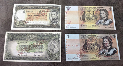 Commonwealth of Australia 10 Shilling 1954, 1 Pound 1953 & 1966-1974 Dollar Specimen Notes