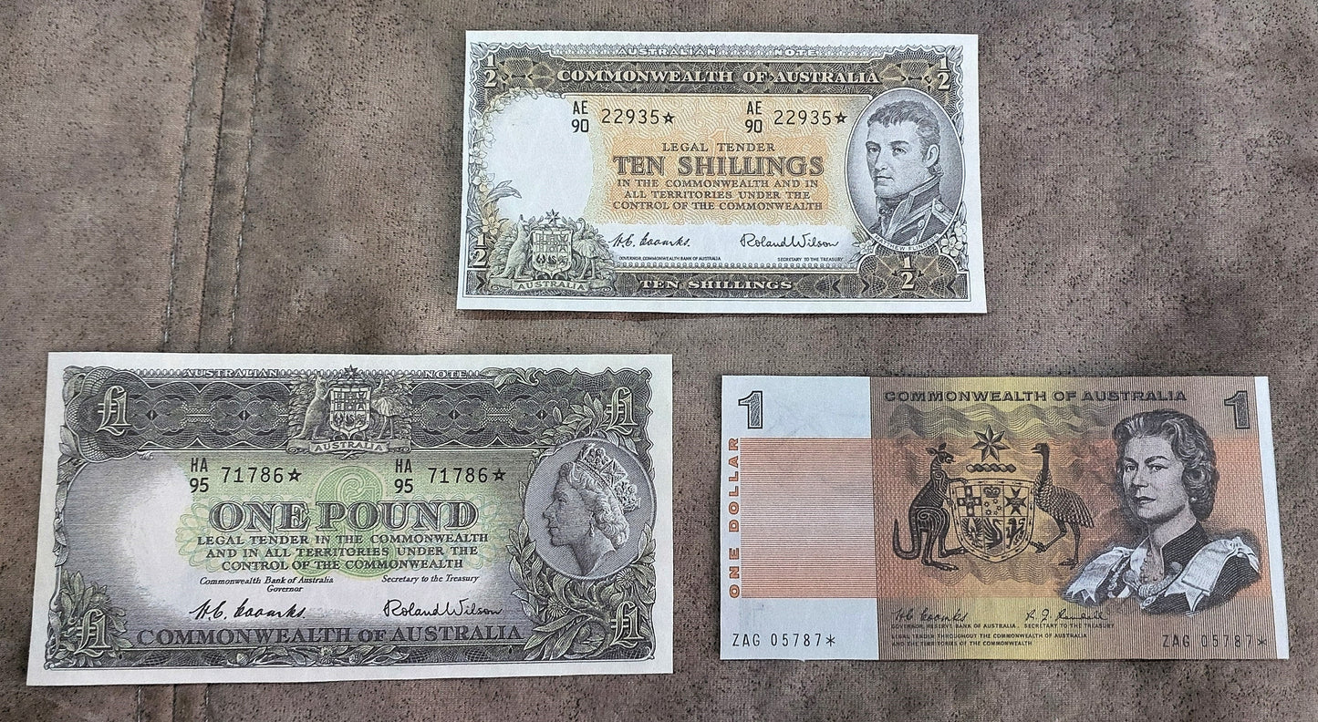 Commonwealth of Australia 10 Shilling 1954, 1 Pound 1953, 1 & 2 Dollar 1968 Star Notes