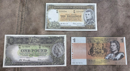 Commonwealth of Australia 10 Shilling 1954, 1 Pound 1953, 1 & 2 Dollar 1968 Star Notes