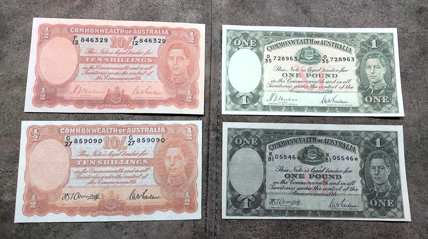 Commonwealth of Australia 10 Shillings 1939 Orange & 1942 Black, 1 Pound 1938 Green & 1942 Black Signatures