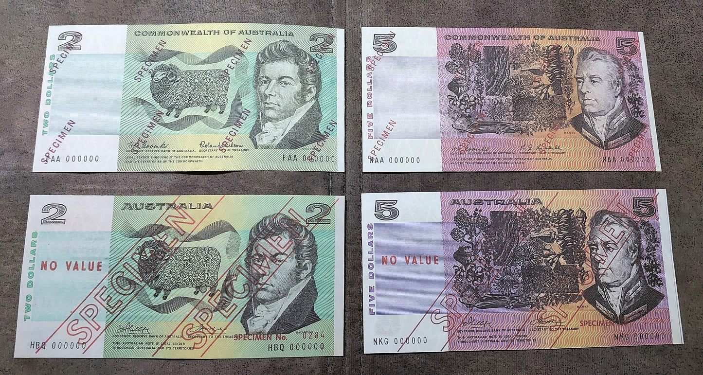 Commonwealth of Australia 2 Dollar 1966-1974 and 5 Dollar 1966-1974 Specimen Notes