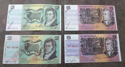 Commonwealth of Australia 2 Dollar 1966-1974 and 5 Dollar 1966-1974 Specimen Notes