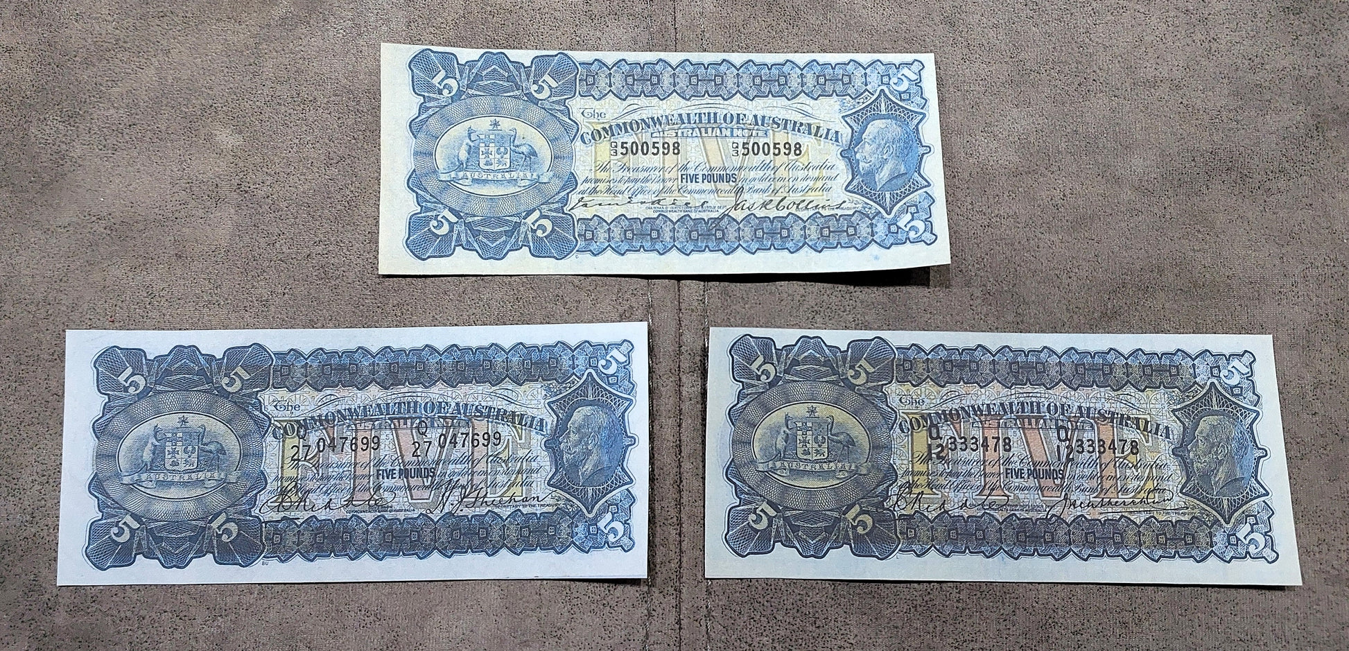 Commonwealth of Australia 5 Pound 1924 Kell, 1927 Riddle and 1932 Riddle Specimen Notes