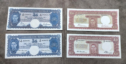 Commonwealth of Australia 5 + 10  Pound 1939 Blue Signature and 1952 Black Signature Notes