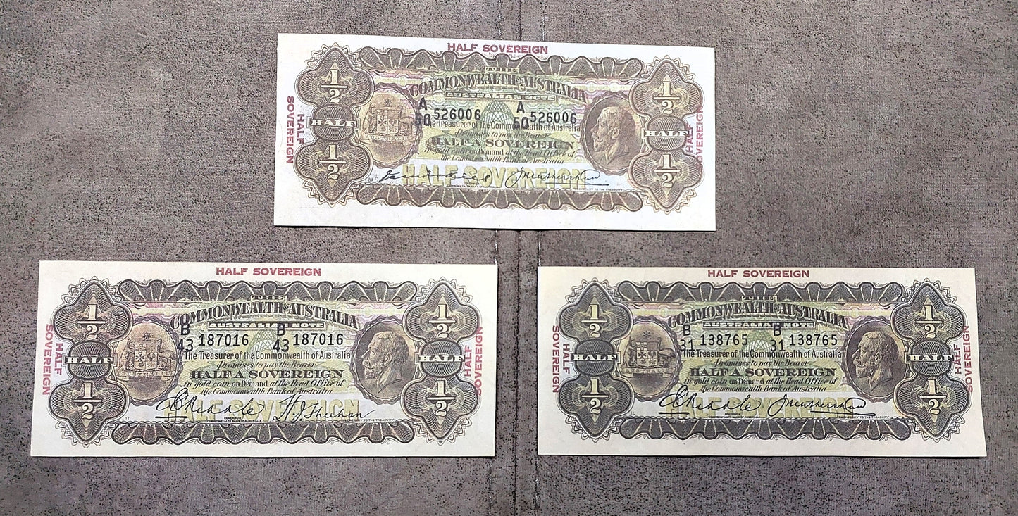 Commonwealth of Australia 1/2 Sovereign 1927 Kell, 1928 Riddle & 1933 Riddle Specimen Notes