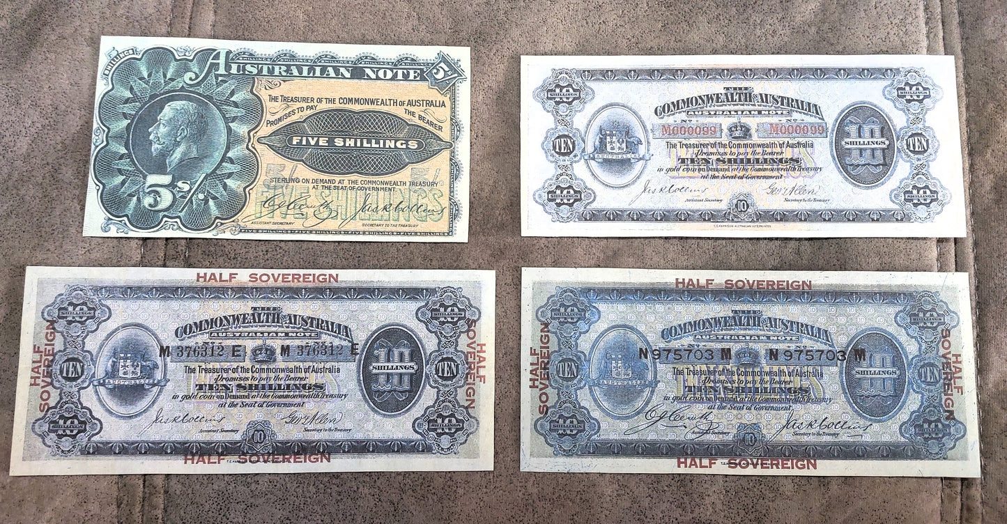 Commonwealth of Australia Rare 5 Shilling 1916 Destroyed Issue & 10 Shilling 1913-1918 Notes