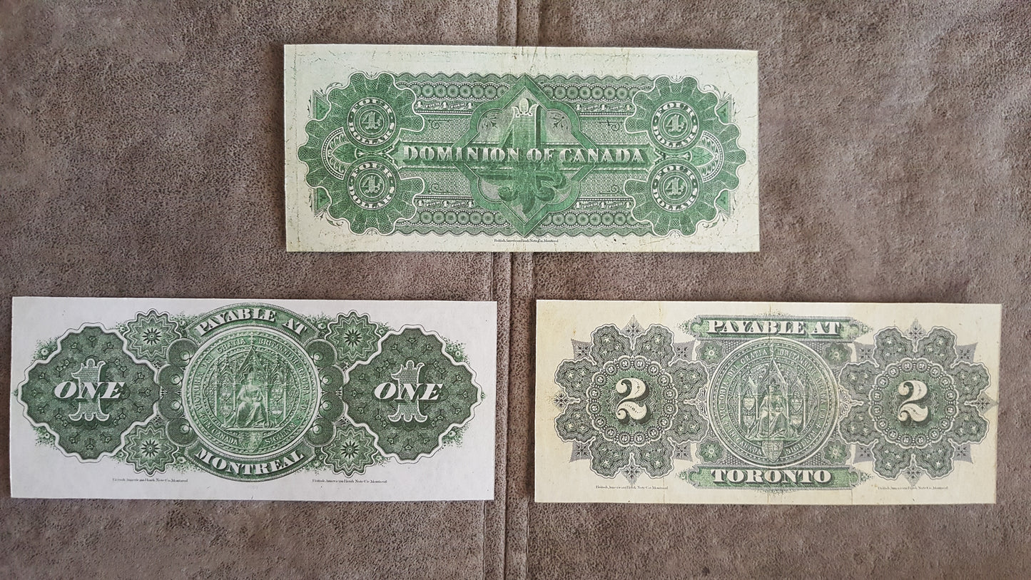 Dominion of Canada 1 and 2 Dollar 1878 & 4 Dollar 1882 Notes Back Side