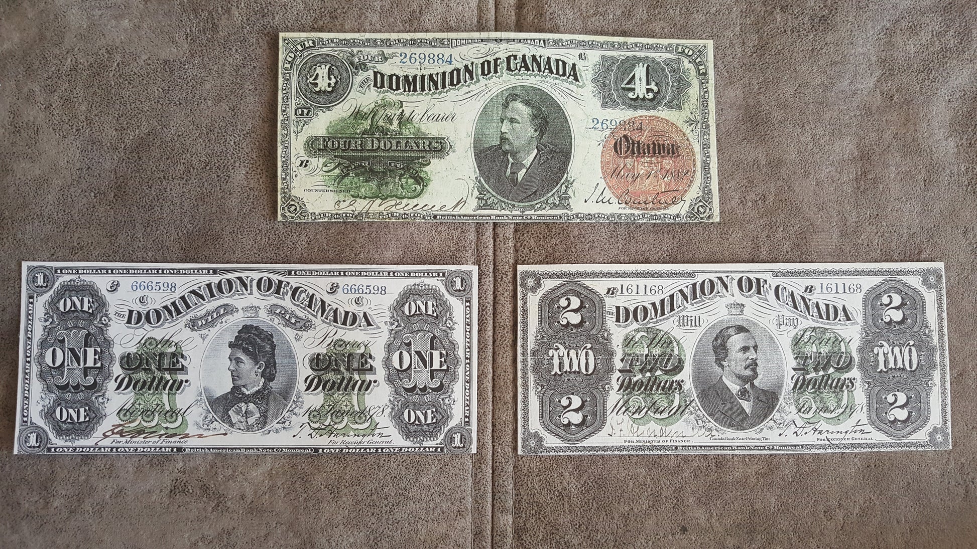 Dominion of Canada 1 Dollar 1878, 2 Dollar 1878 and Rare 4 Dollar 1882 Specimen Notes