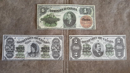 Dominion of Canada 1 Dollar 1878, 2 Dollar 1878 and Rare 4 Dollar 1882 Specimen Notes