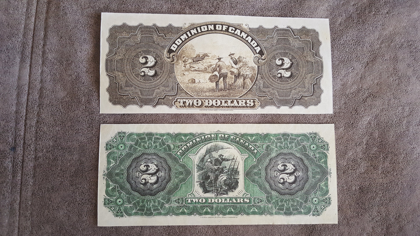 Dominion of Canada 1 Dollar 1898 and 2 Dollar 1898 Banknotes Reverse Side