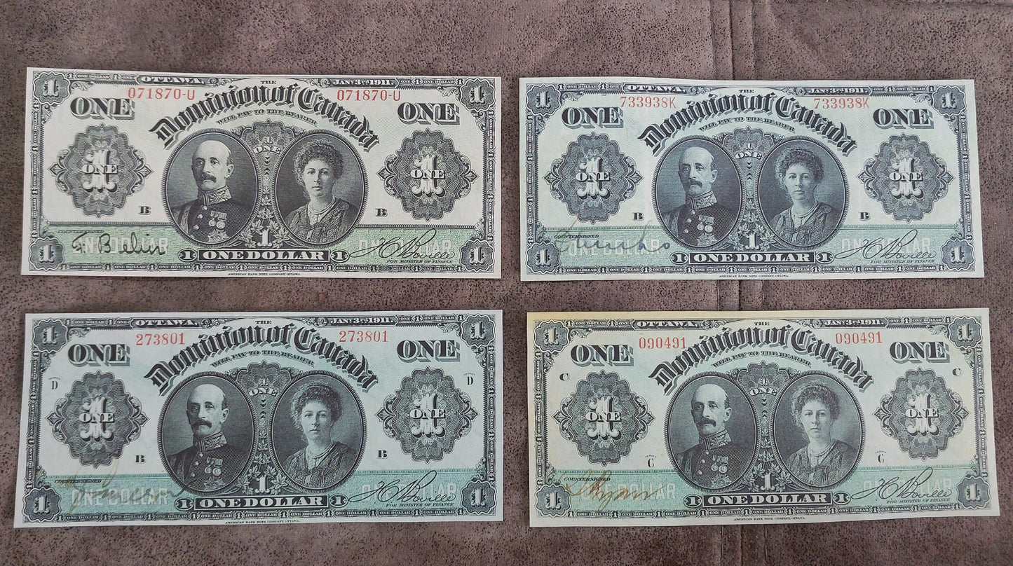 Dominion of Canada 1 Dollar 1911 Banknotes Black Line and Green Line Varieties