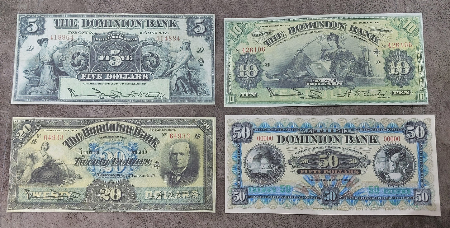 Dominion of Canada 5, 10, 20 Dollar 1925 and 50 Dollar 1925 Proof Notes