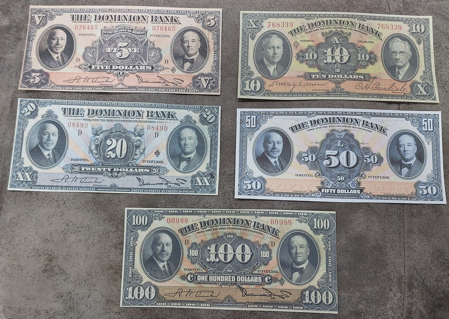 Dominion of Canada 1931 Series 5, 10, 20, 50 and 100 Dollar High Denomination Notes