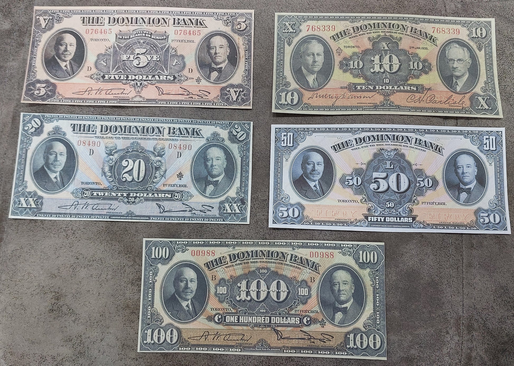 Dominion of Canada 1931 Series 5, 10, 20, 50 and 100 Dollar High Denomination Notes