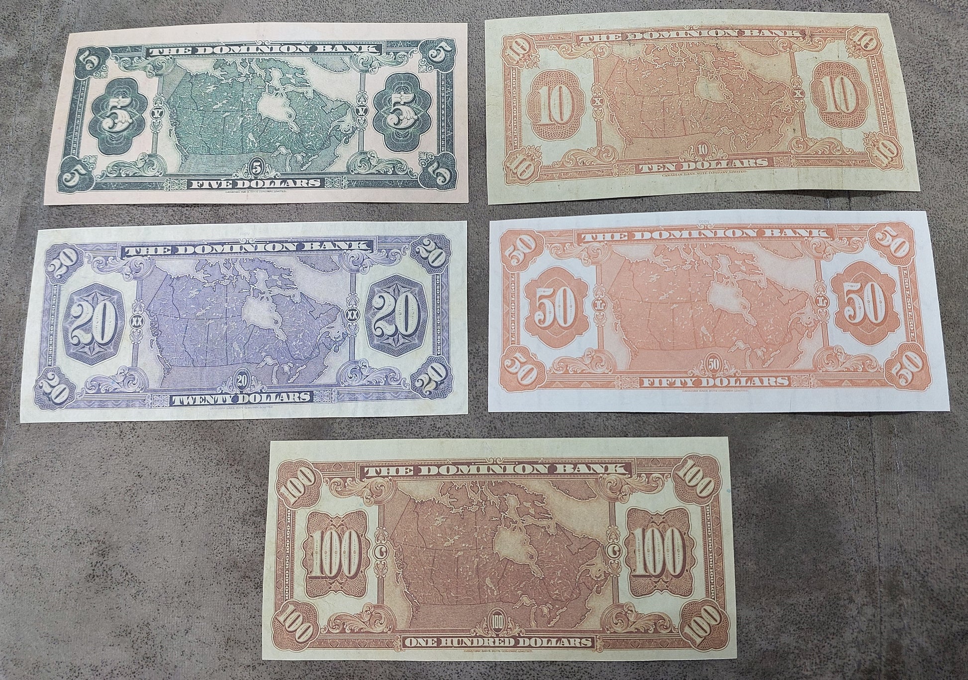 Dominion of Canada High Denomination 5 to 100 Dollar 1931 Notes Reverse Side