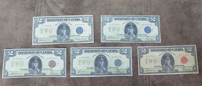 Dominion of Canada 2 Dollar 1923 Notes with Blue, Green and Red Seals