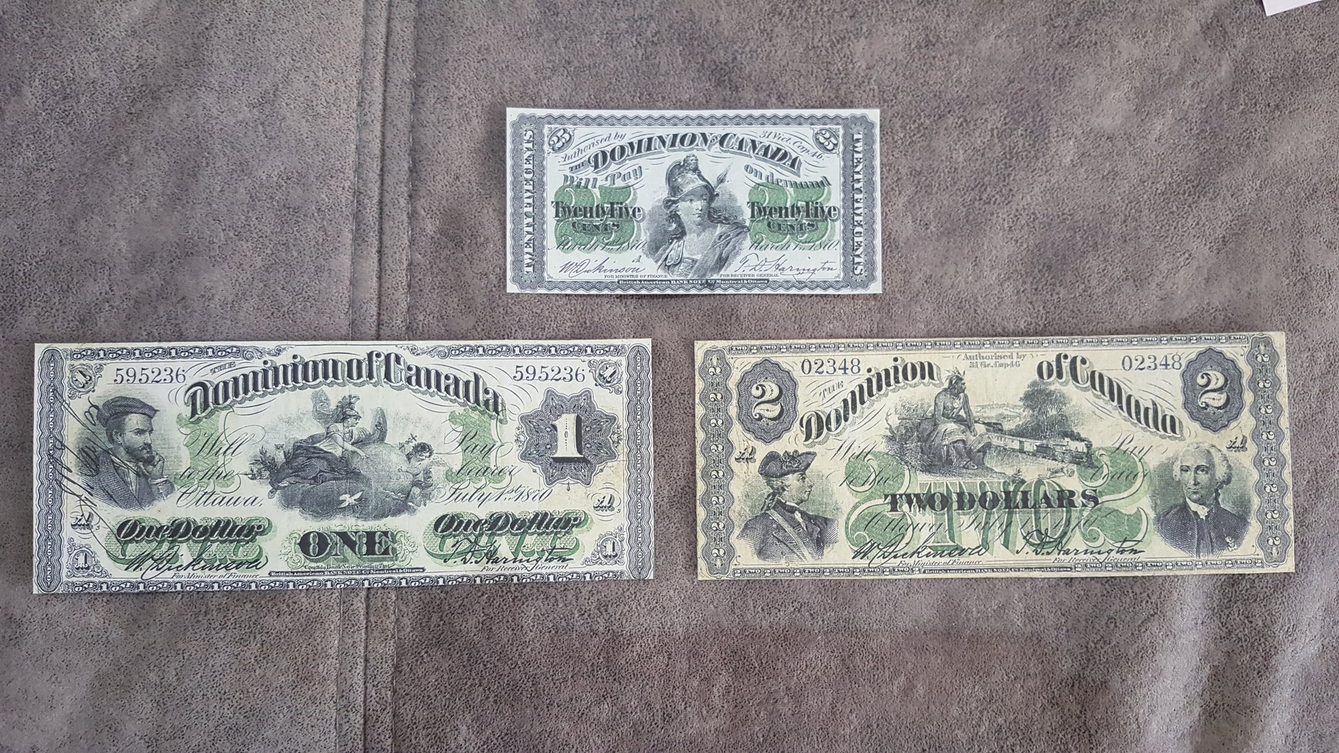 Dominion of Canada 25 Cent Fractional Currency, 1 Dollar and 2 Dollar 1870 Specimen Notes