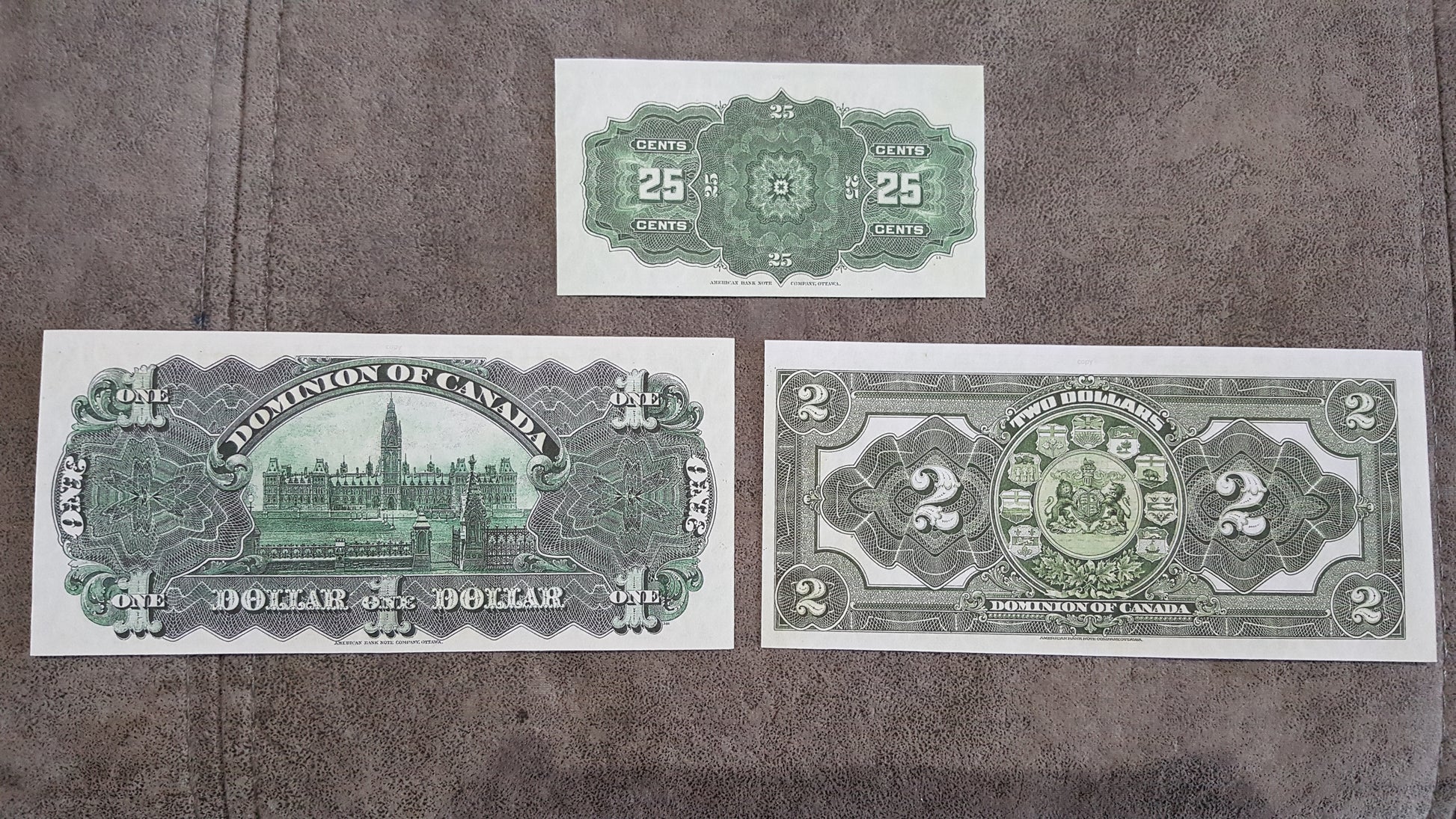 Dominion of Canada 25 Cent, 1 Dollar and 2-4 Dollar Early Currency Notes Back Side