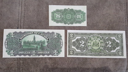 Dominion of Canada 25 Cent, 1 Dollar and 2-4 Dollar Early Currency Notes Back Side