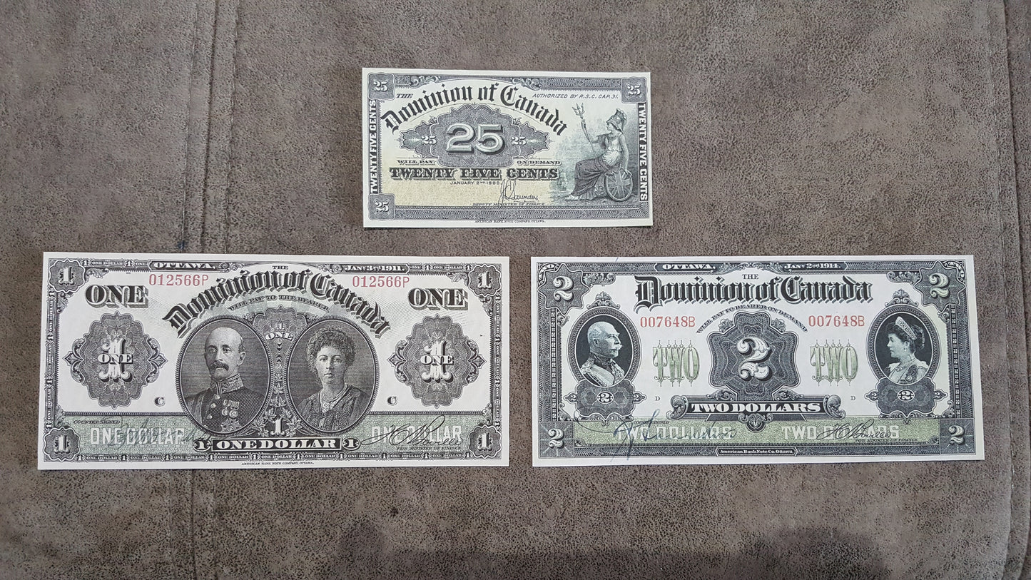 Dominion of Canada 25 Cent 1900, 1 Dollar 1911 Black Line and 4 Dollar 1900 Specimen Notes