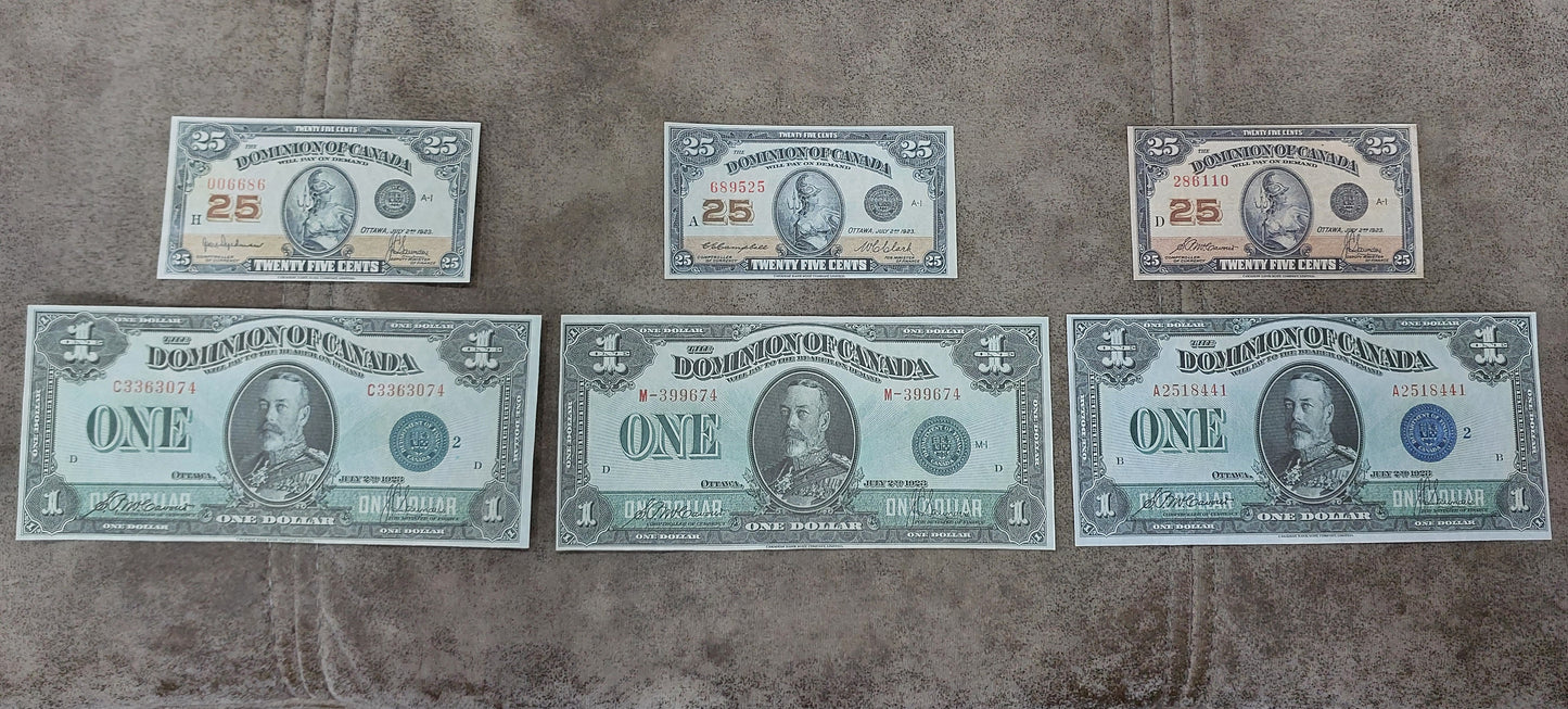 Dominion of Canada 25 Cent 1923 Fractionals and 1 Dollar 1923 Test Notes Group