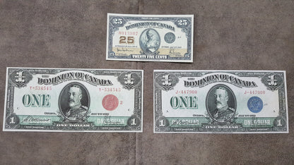 Dominion of Canada 25 Cent 1923 Fractional Currency and 1 Dollar 1923 Specimen Notes