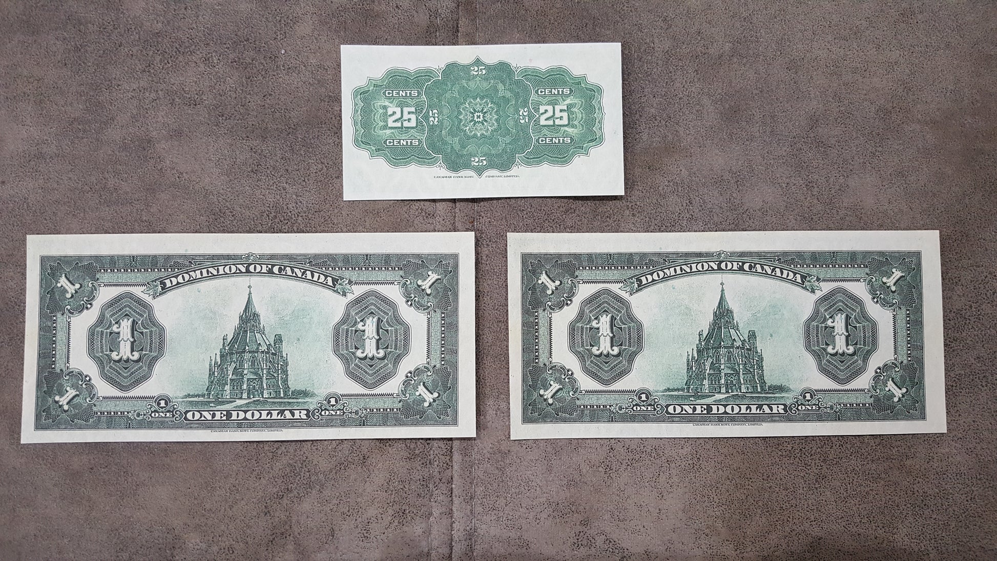 Dominion of Canada 25 Cent Fractional and 1 Dollar 1923 Currency Notes Back Side