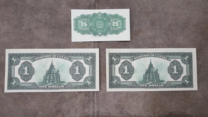 Dominion of Canada 25 Cent Fractional and 1 Dollar 1923 Currency Notes Back Side