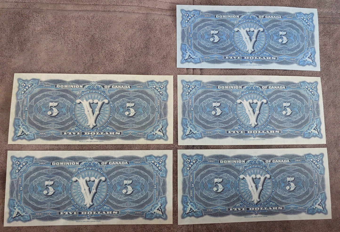 Dominion of Canada 5 Dollar 1912 Train Note Varieties with Blue and Red Serial Numbers back side