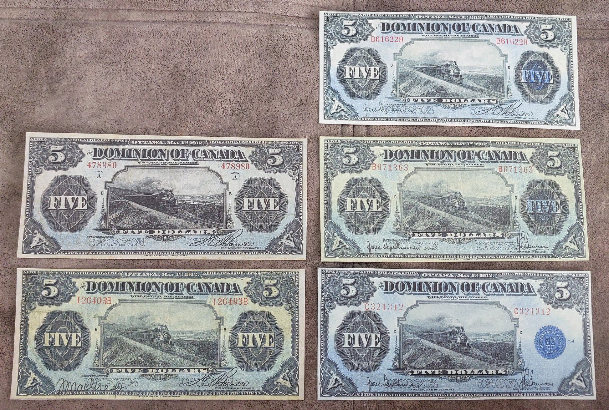 Dominion of Canada 5 Dollar 1912 Train Note Varieties with Blue and Red Serial Numbers