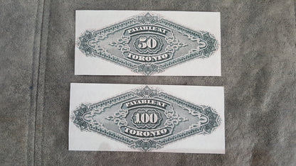 Dominion of Canada 50 Dollar and 100 Dollar 1871-1872 Treasury Numismatic Notes reverse