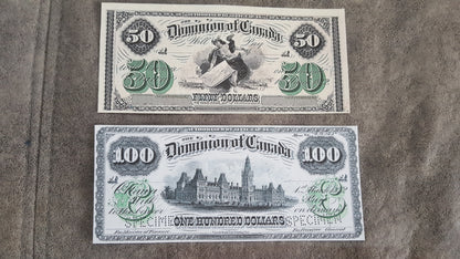 Dominion of Canada 50 Dollar and 100 Dollar 1871-1872 Treasury Numismatic Notes