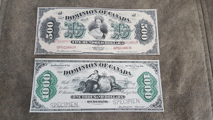 Dominion of Canada 500 Dollar and 1000 Dollar 1871 High Denomination Specimen Notes