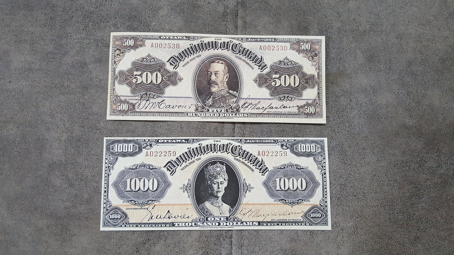 Dominion of Canada 500 Dollar and 1000 Dollar 1924 High Denomination Specimen Notes