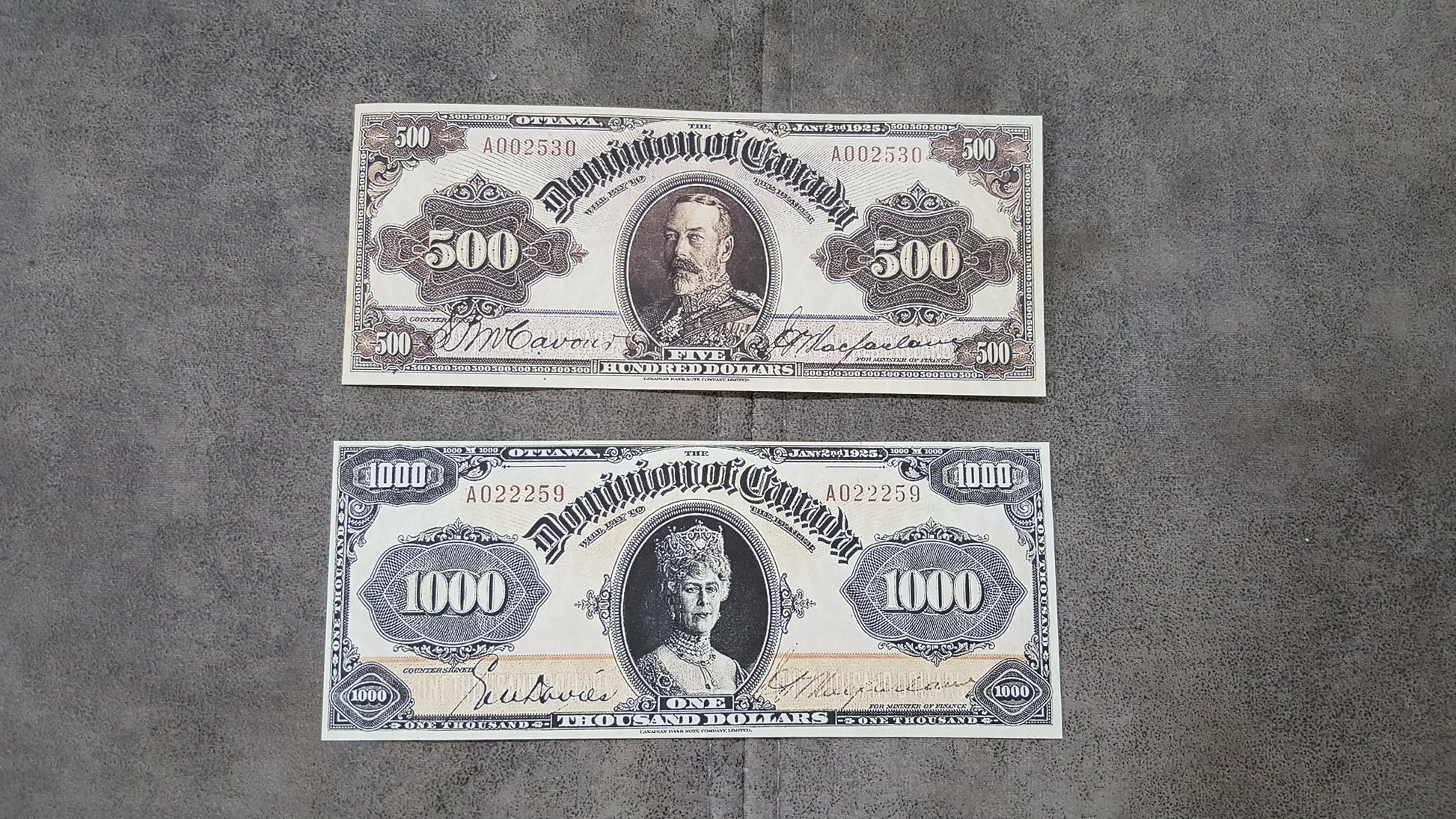 Dominion of Canada 500 Dollar and 1000 Dollar 1924 High Denomination Specimen Notes