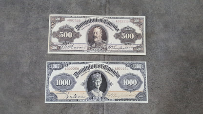 Dominion of Canada 500 Dollar and 1000 Dollar 1924 High Denomination Specimen Notes