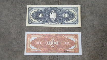 Dominion of Canada High Denomination 500 and 1000 Dollar 1924 Notes Reverse