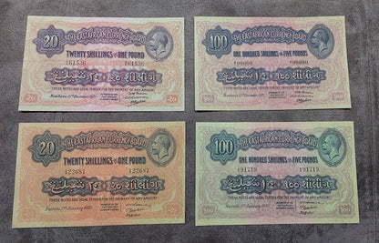 Four-note grid layout (quartet) featuring front/obverse views of the 1933 series and higher Shilling/Pound value issues