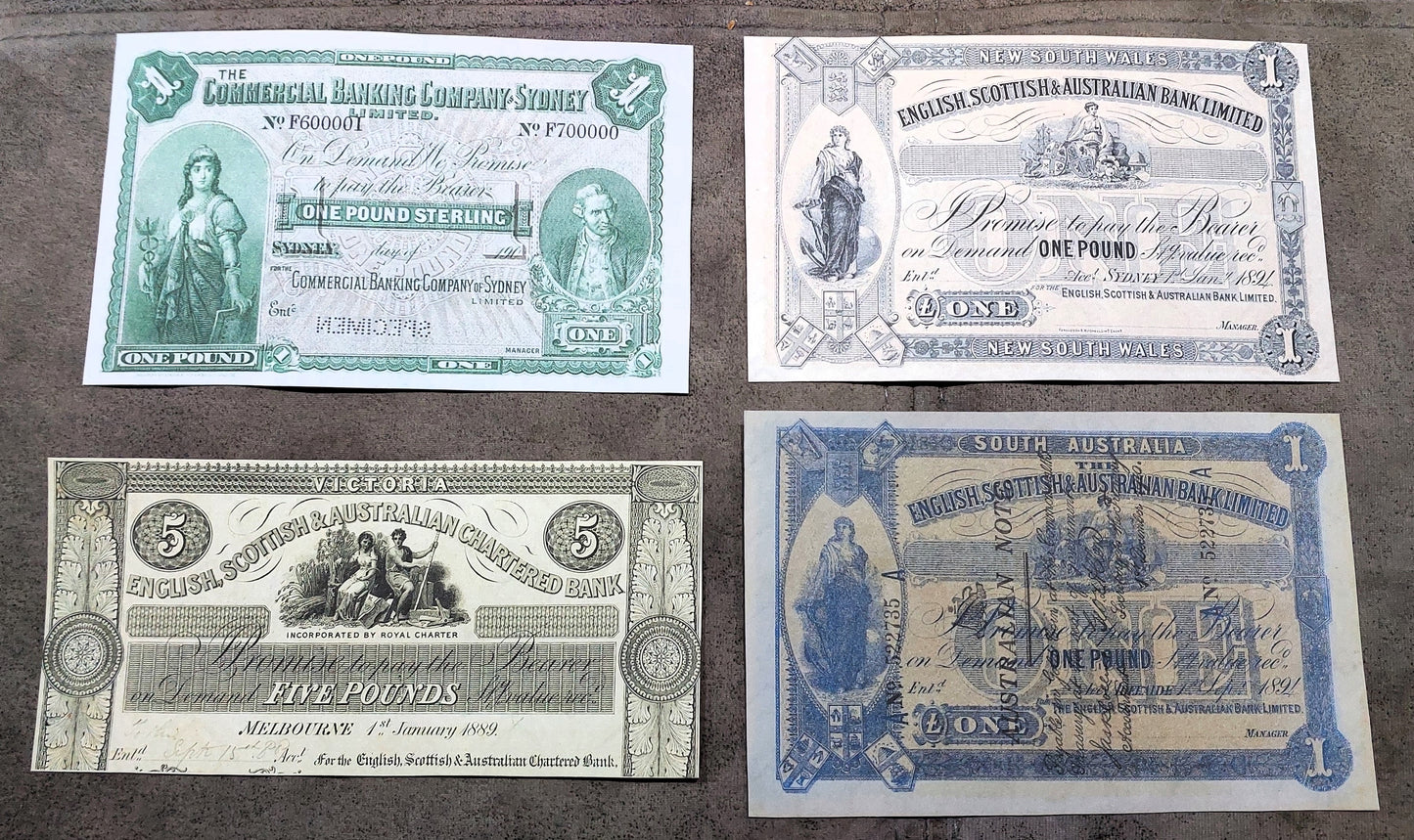 English Scottish & Australian Chartered Bank 5 Pound 1889, 1 Pound 1894 Sydney & South Australia Specimen Notes