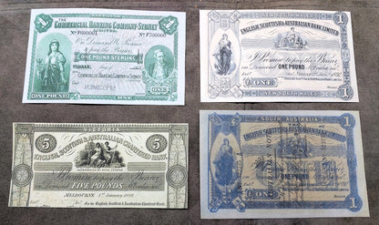 English Scottish & Australian Chartered Bank 5 Pound 1889, 1 Pound 1894 Sydney & South Australia Specimen Notes