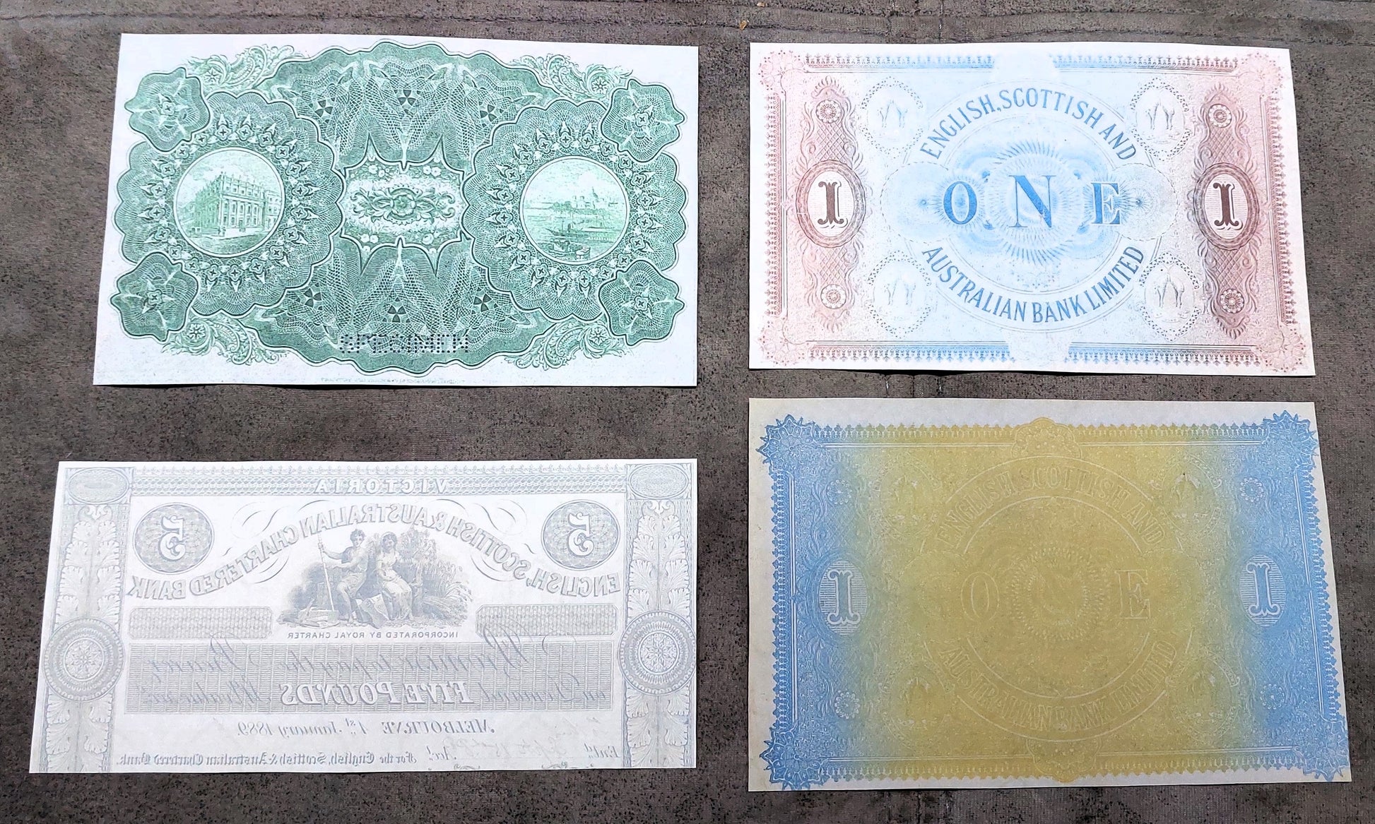English Scottish and Australian Chartered Bank 1 and 5 Pound Notes Reverse Side
