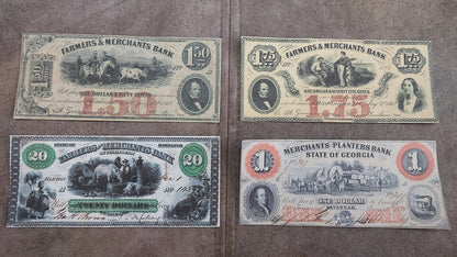 Farmers & Merchants Bank rare denomination 1.50, 1.75 & 20 Dollar 1862 obsolete notes front