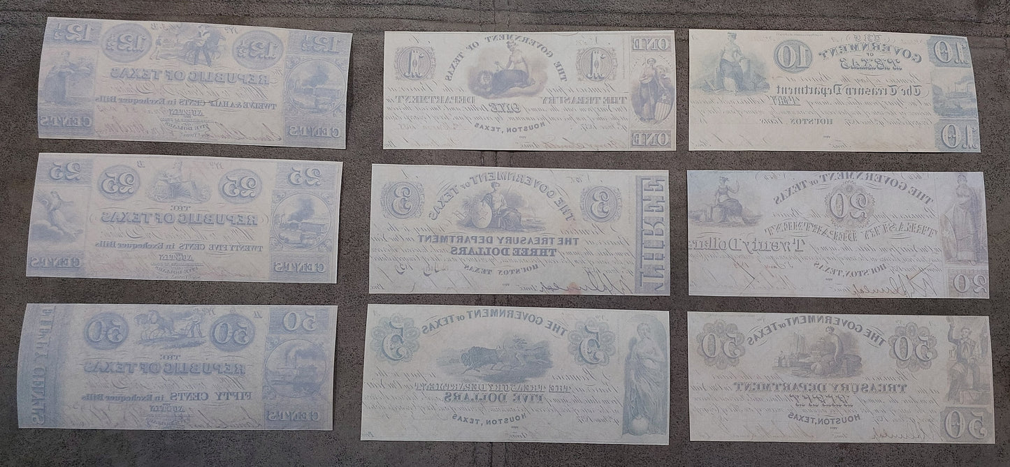 Government and Republic of Texas obsolete currency notes 1838-1843 complete set reverse back view
