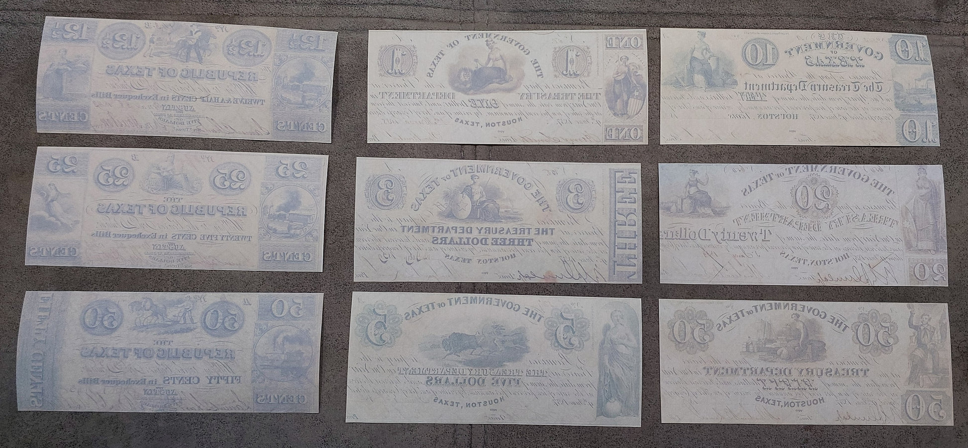 Government and Republic of Texas obsolete currency notes 1838-1843 complete set reverse back view