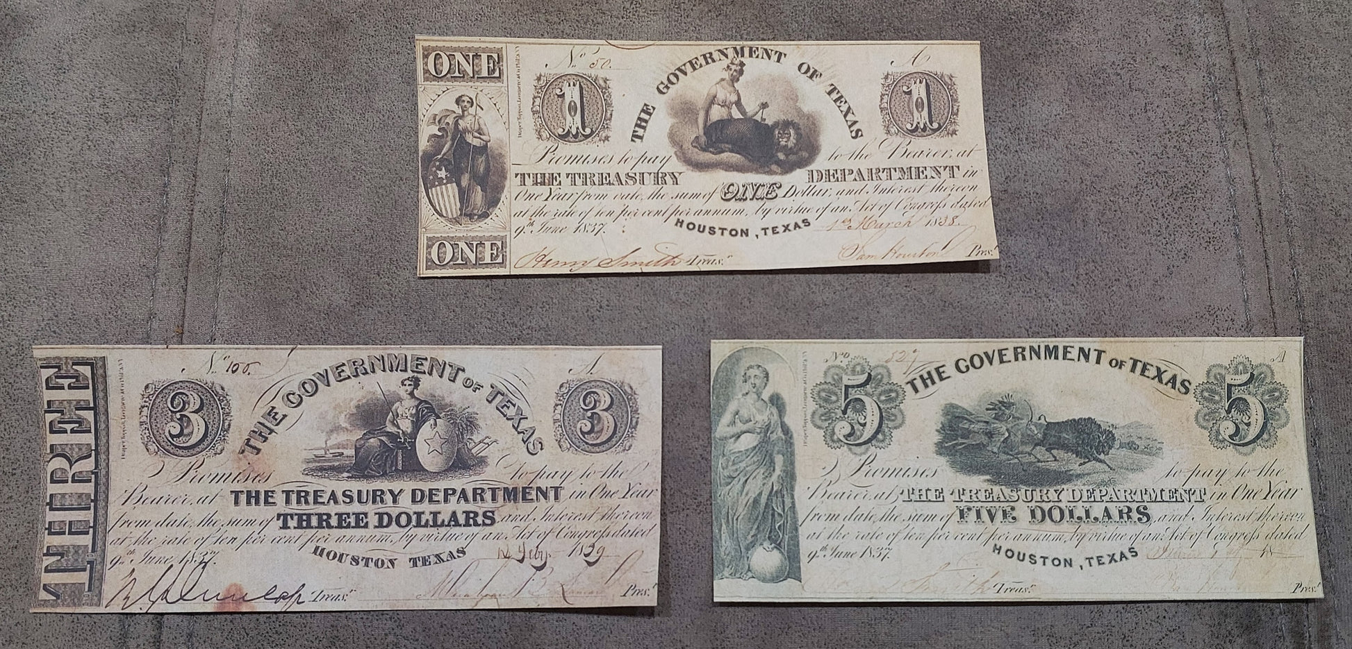 Government of Texas 1 Dollar 1838, 3 Dollar 1839, and 5 Dollar 1839 obsolete treasury notes front