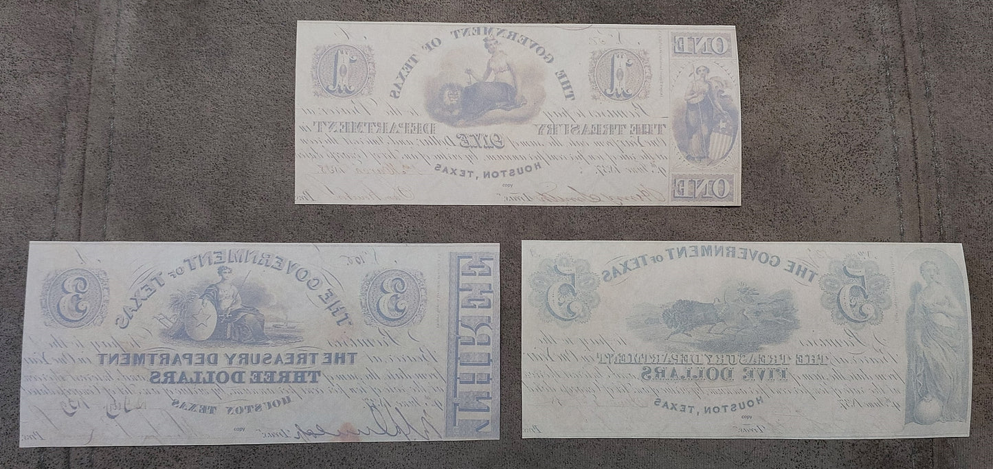 Government of Texas 1, 3, and 5 Dollar obsolete paper money reverse back view