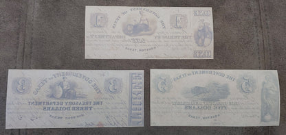 Government of Texas 1, 3, and 5 Dollar obsolete paper money reverse back view