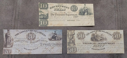 Government of Texas 10 Dollar 1838, 20 Dollar 1839, and 50 Dollar 1838 obsolete currency notes front