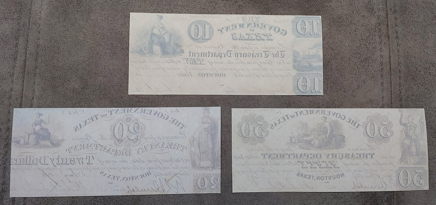 Government of Texas 10, 20, and 50 Dollar obsolete banknotes reverse back view