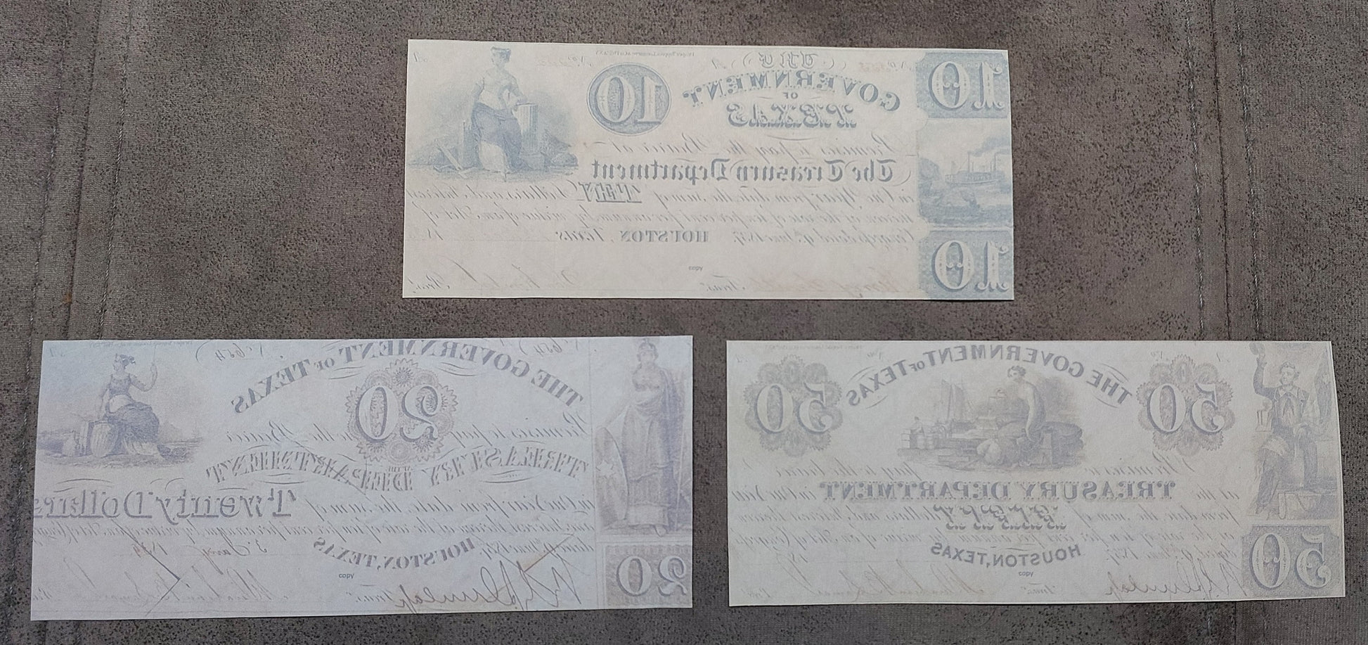 Government of Texas 10, 20, and 50 Dollar obsolete banknotes reverse back view